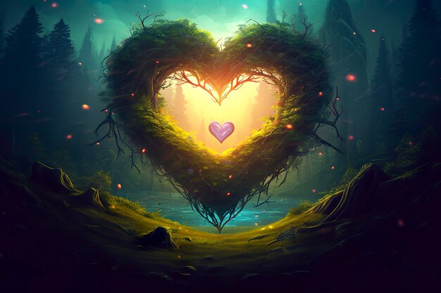 Colorful fantasy heart light beam green forest field Generative AI