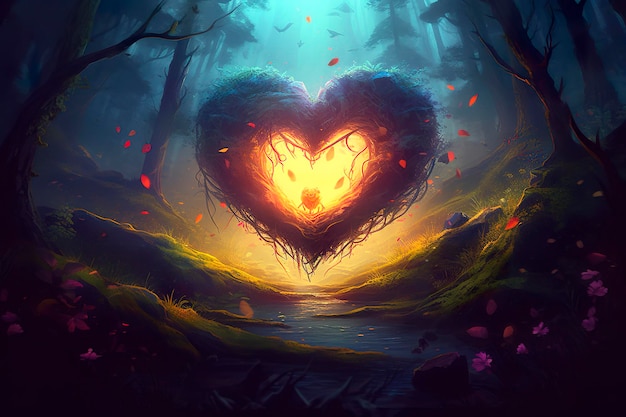 Colorful fantasy heart light beam green forest field Generative AI