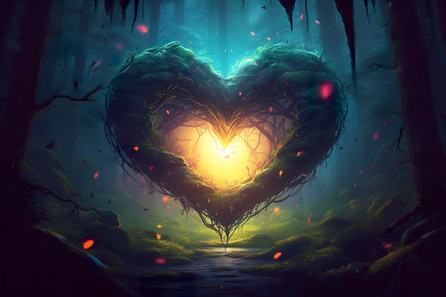 Colorful fantasy heart light beam green forest field Generative AI