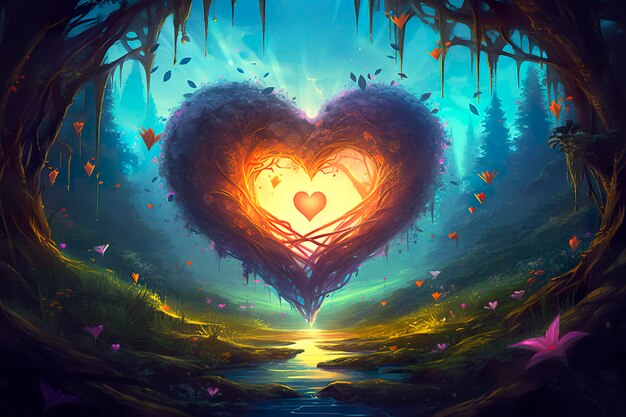 Colorful fantasy heart light beam green forest field Generative AI