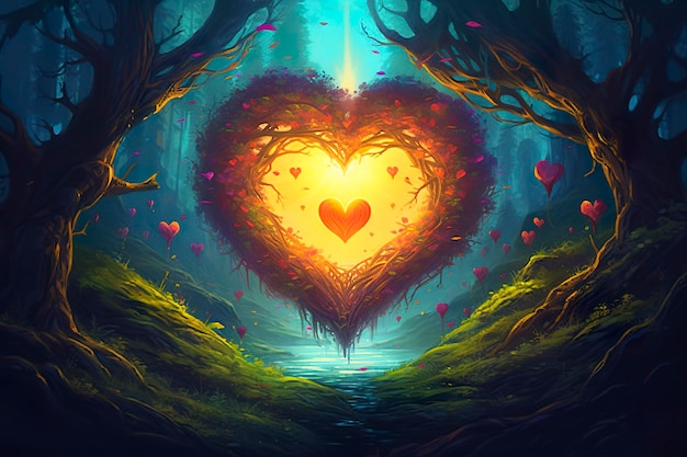 Colorful fantasy heart light beam green forest field Generative AI