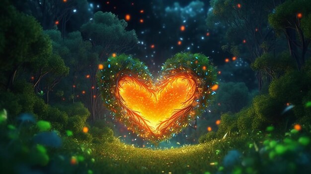 Colorful fantasy heart light beam green forest field