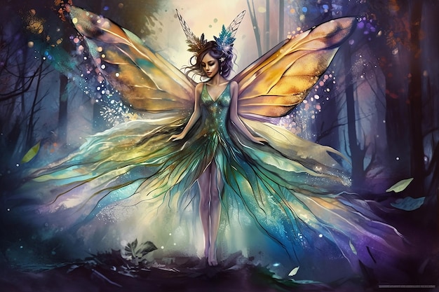 Colorful fantasy landscape with fairy with giant wings