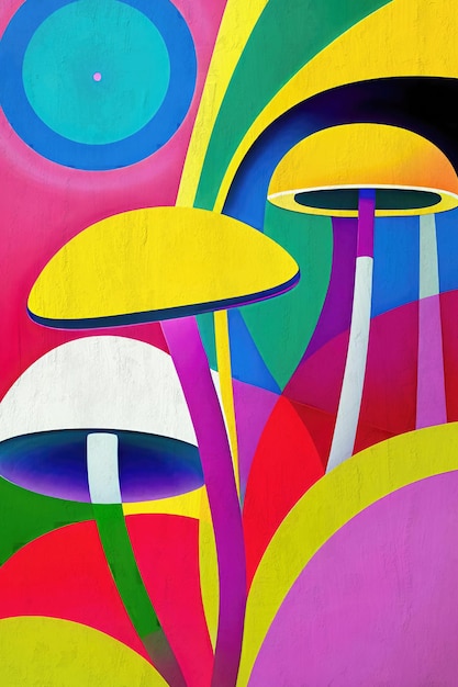 Psychodelic Groovy Nature Art의 다채로운 판타지 버섯 그림 무료 사진