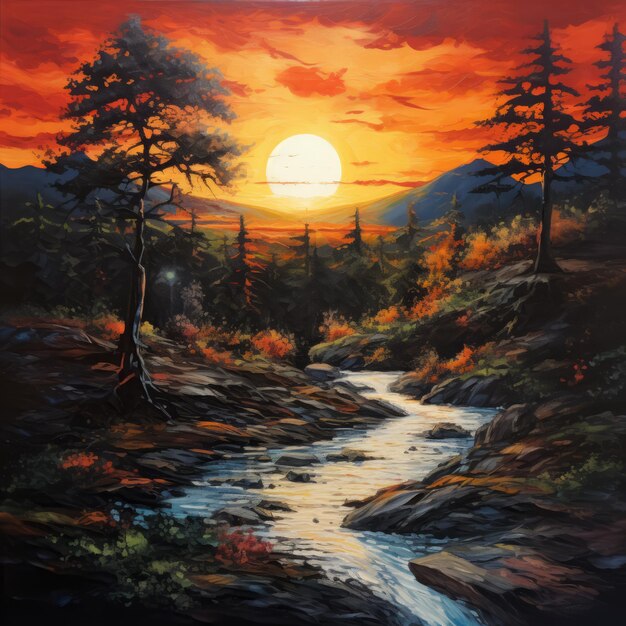 Photo colorful fantasy realism sunset over tuv stream