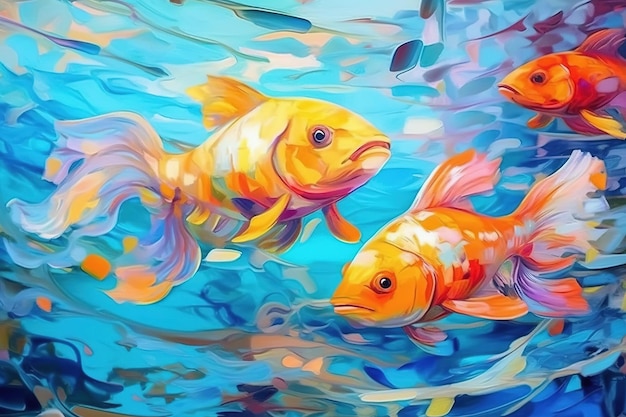 Красочный фантастический подводный мир с красивыми рыбками Картина маслом в абстрактном стиле Генеративный AI