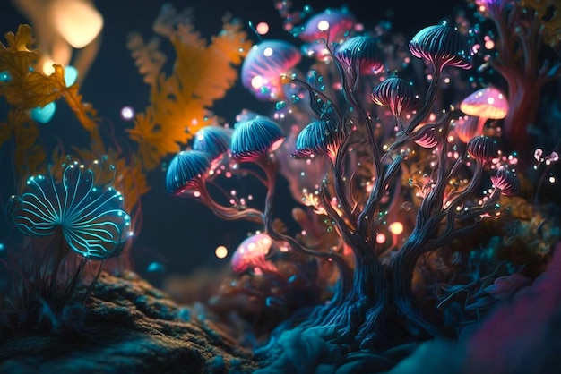 A colorful fantasy world with mushrooms on the rocks