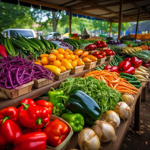 Красочный фермерский рынок с свежими продуктами