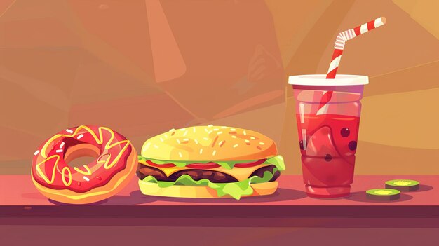 Photo colorful fast food delicacies burger donut and soda illustration for menu and marketing