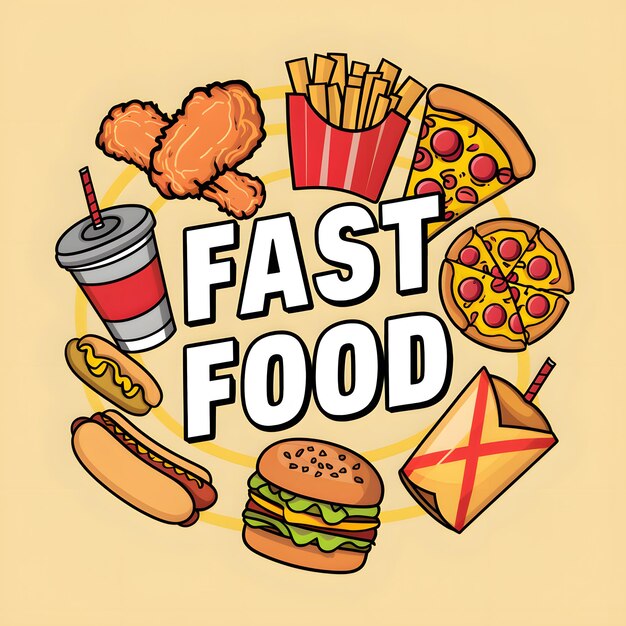 Photo colorful fast food items arranged playfully on light yellow background for vibrant aesthetic for soc