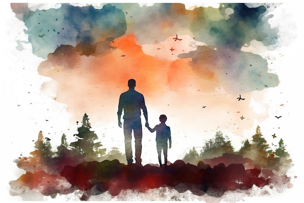 Colorful Father's Day illustration of kid holding father's hand with generative AI technology