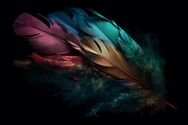 A colorful feather is on a black background with a black background.