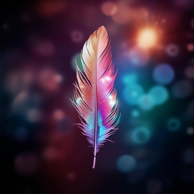 A colorful feather is in the dark with the words light on it