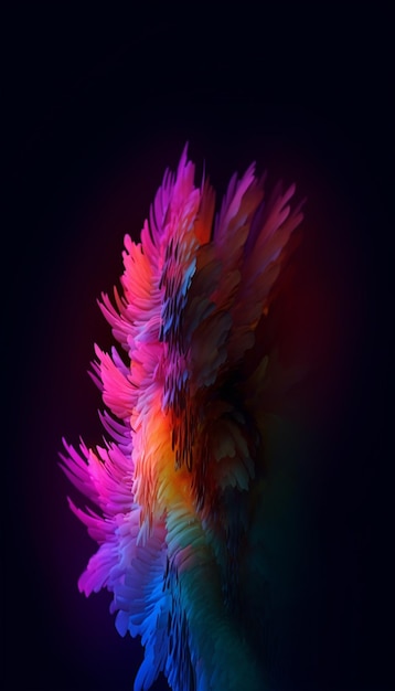 A colorful feather with a black background