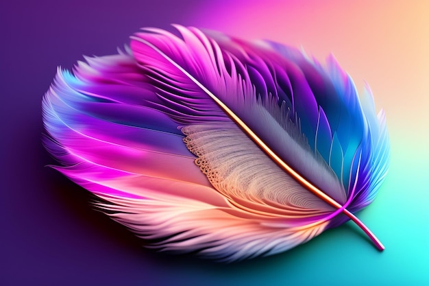 A colorful feather with a pink and blue background.