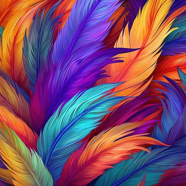 colorful feathers are close up with some colored streaks in the style of leaf patterns