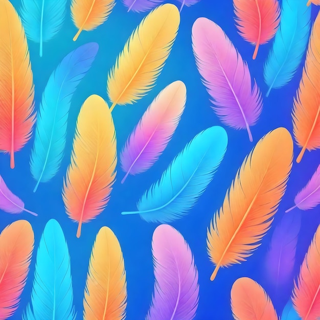 colorful feathers are shown on a blue background