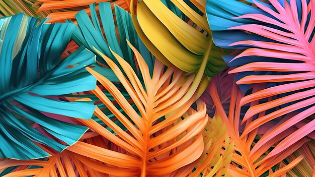 Colorful feathers background palm tree leaves colorful tropical banner