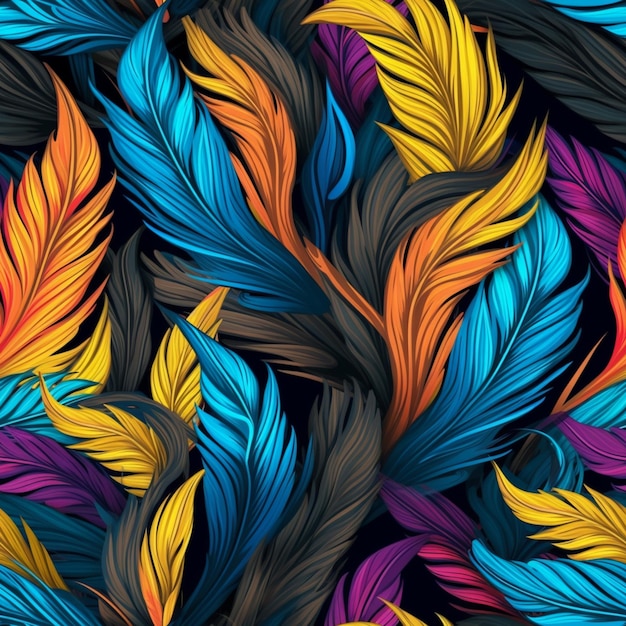 Colorful feathers on a black background generative ai