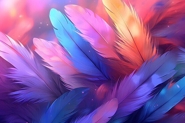 Colorful feathers in a blurred textured background