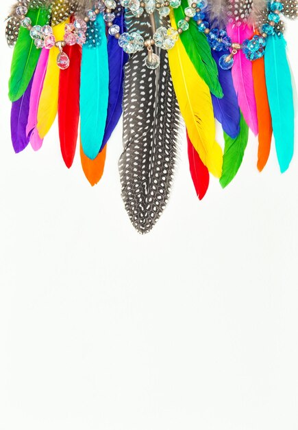 Photo colorful feathers gemstones boho style decoration