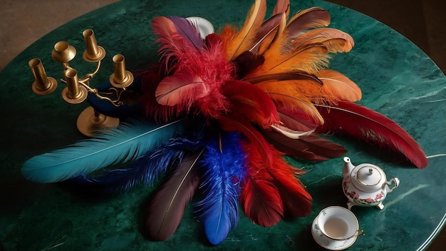 Colorful feathers on a green table