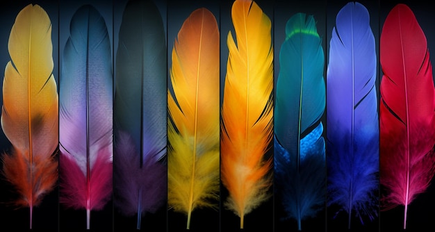 Colorful feathers isolated on black background Realistic vector illustration