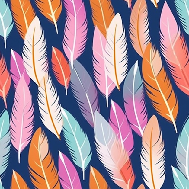 colorful feathers pattern on blue background generative ai