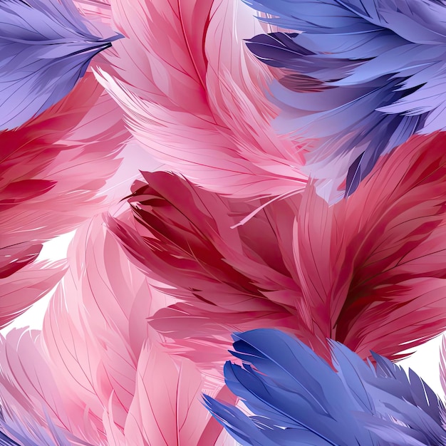 Colorful feathers on a pink and blue background with realistic details tiled