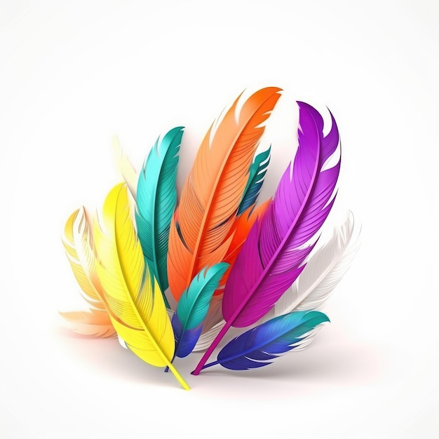 Colorful feathers on a white background with the word feathers.