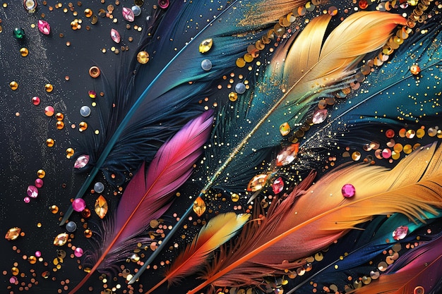 Colorful feathers with beads on black background Flat lay top view