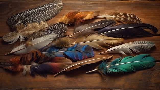 Photo colorful feathers on a wooden background generative ai