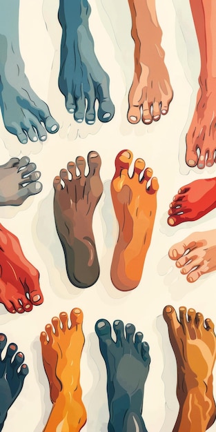 Foto piedi colorati di diverse etnie si uniscono