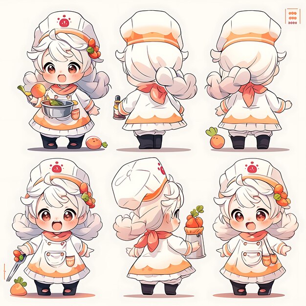 Photo colorful female chibi kawaii baker apron and chef hat warm colors rol creative collections design