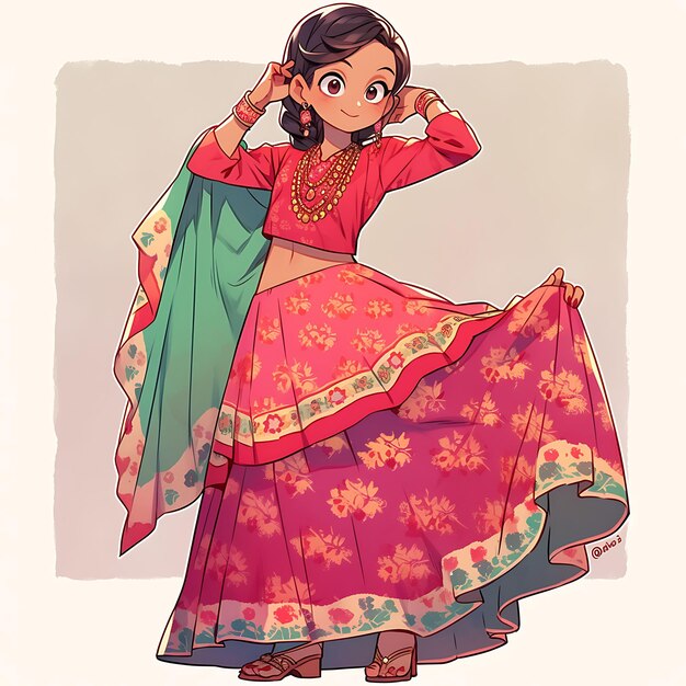 Photo colorful female chibi kawaii indian kathak vibrant sarees ghungroo an cute character collection