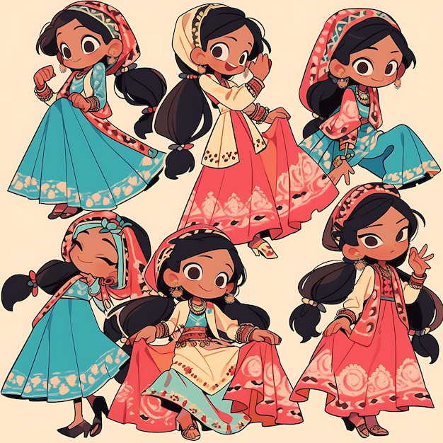Colorful Female Chibi Kawaii Indian Kathak Vibrant Sarees Ghungroo an cute character collection