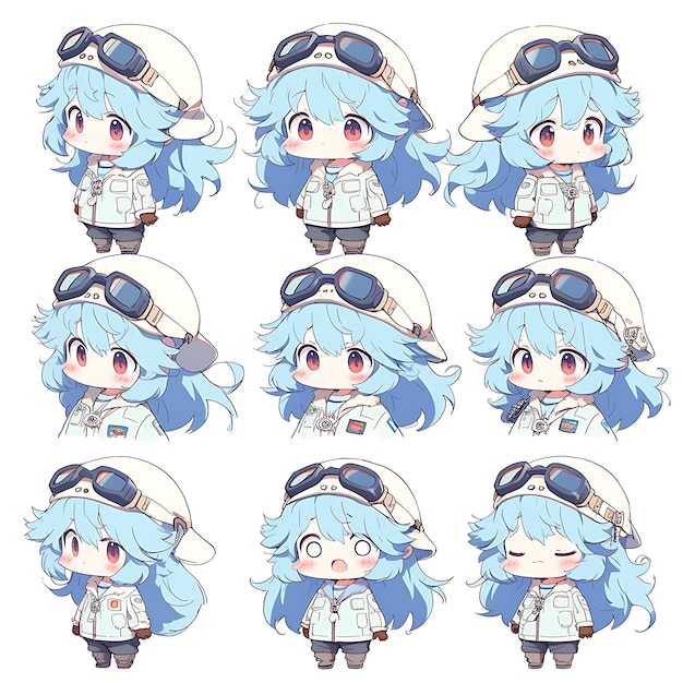 Photo colorful female chibi kawaii pilot aviator fashion blue sky colors pi creative collections design