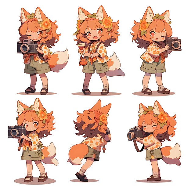 Foto colorful female fox themed chibi kawaii fotografo boho chic fashio design di collezioni creative