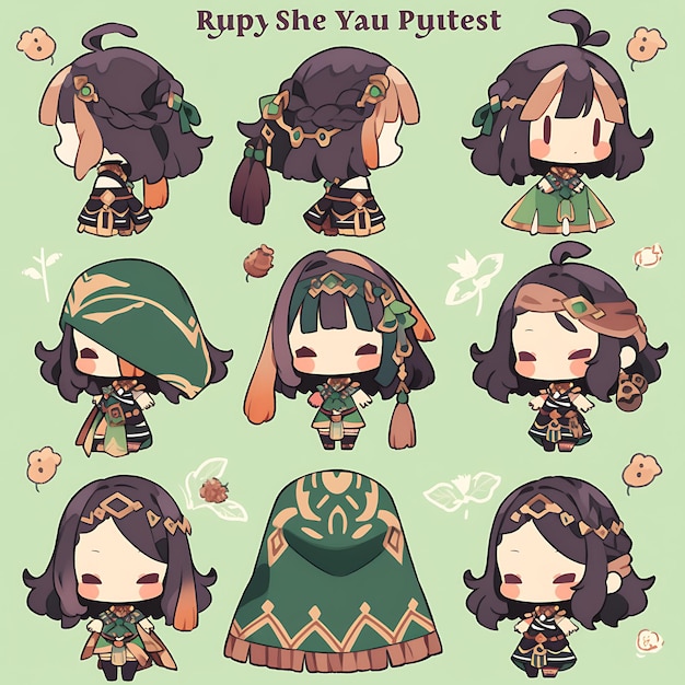 Colorful Female Witch Chibi Kawaii Celtic Fashion Concept Deep Green cute character collection