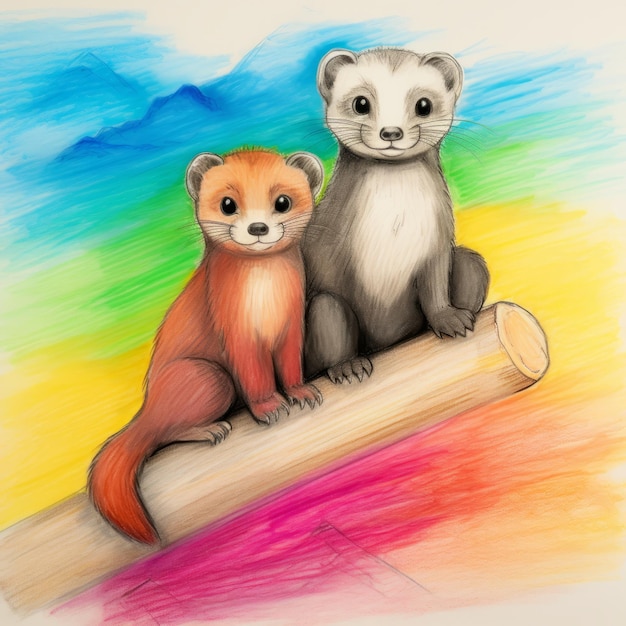 Colorful ferret art pencil sketch of two playful ferrets