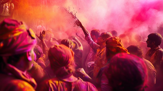 a colorful festival with people wearing colorful clothes and pink and purple colors.