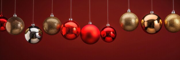 赤の背景にカラフルでお祭り的なクリスマス ボールのバナー