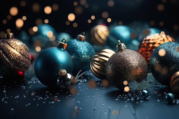 Colorful and festive Christmas ornaments arranged on a table Generative AI