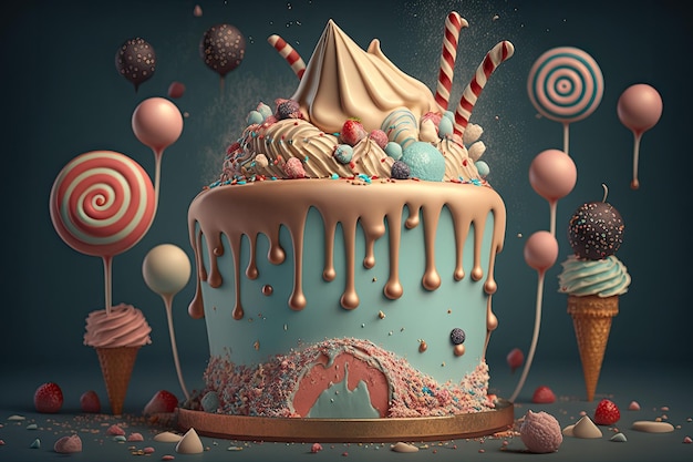 Colorful festive delicious Birthday cake Illustration AI Generative