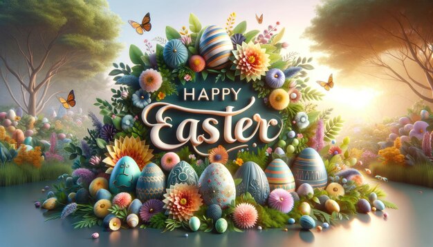 Colorful and festive Easter scene featuring beautifully decorated eggs nestled among a vibrant array of spring flowers under a sunny sky