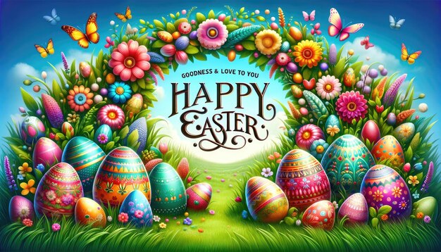 Colorful and festive Easter scene featuring beautifully decorated eggs nestled among a vibrant array of spring flowers under a sunny sky