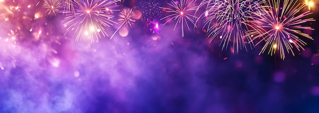 Colorful festive firework party silvester new year isolated on dark purple texture with copy space