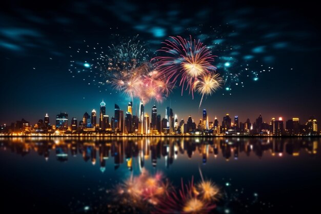 Красочные праздничные фейерверки в ночь над городом празднование счастливого нового года праздник