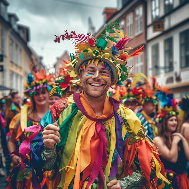 Colorful Festive Street Carnival Man Smiling Camera Photo