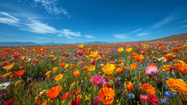 Colorful Field of Flowers Under Blue Sky